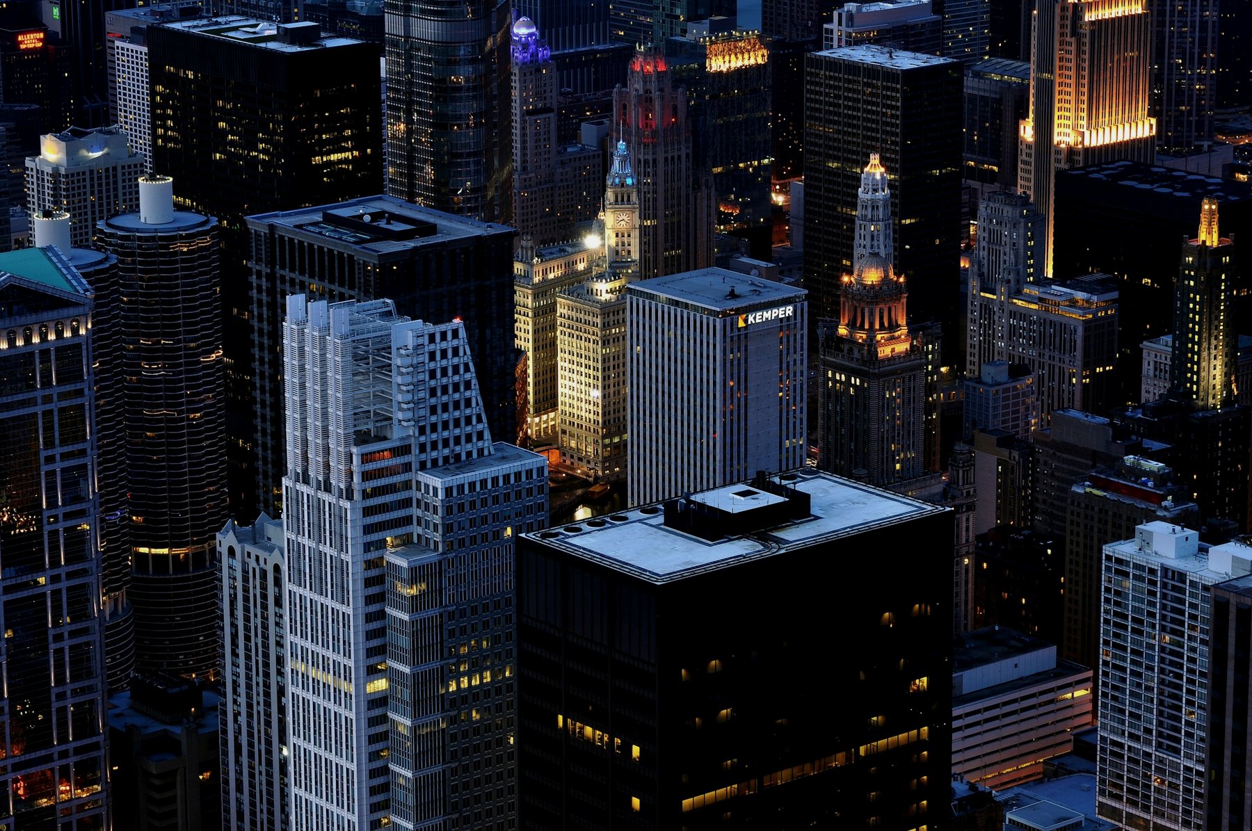 High-rise buildings lit at night