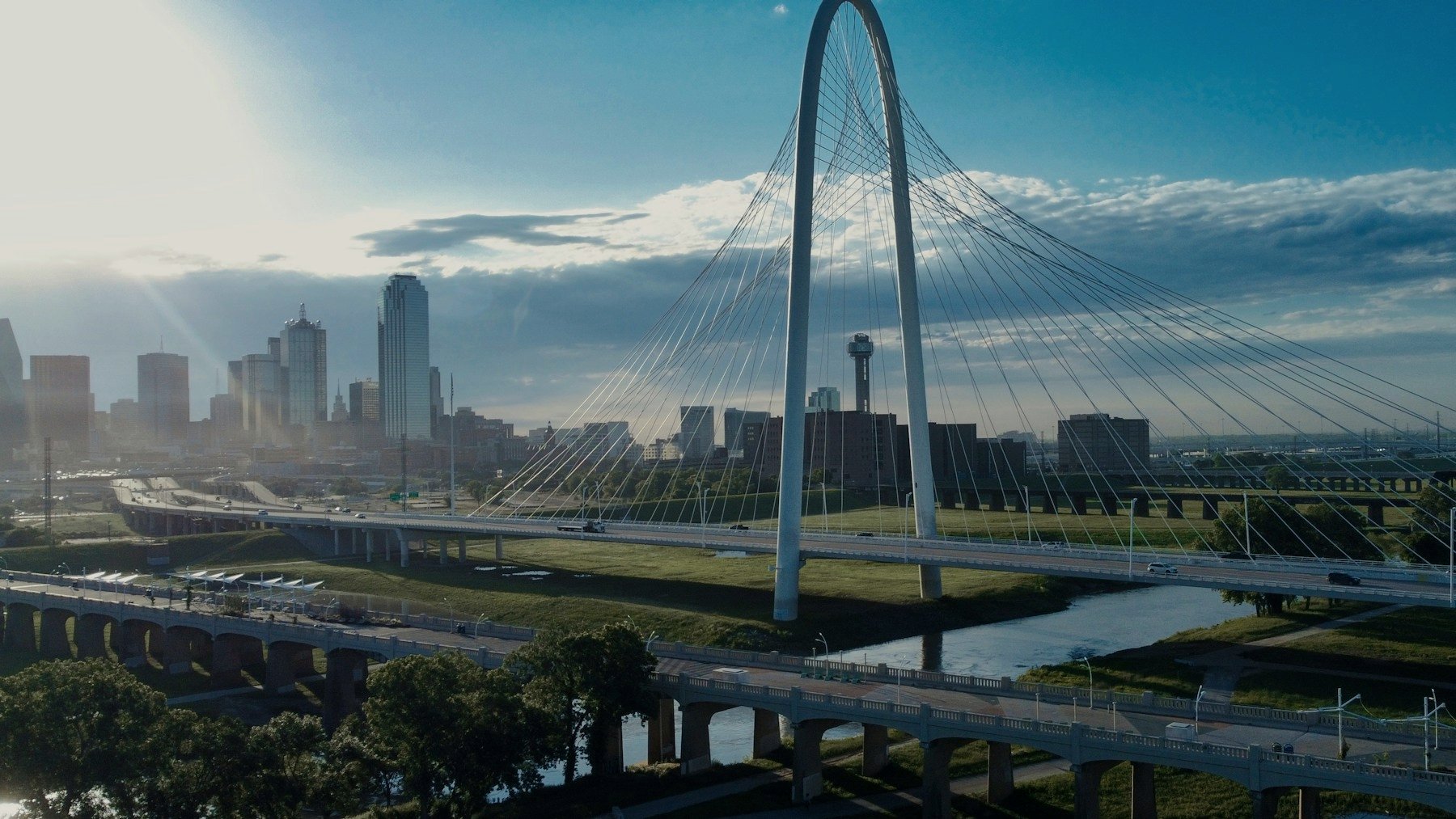 The Dallas skyline beyond the Margaret Hunt Hill Bridge